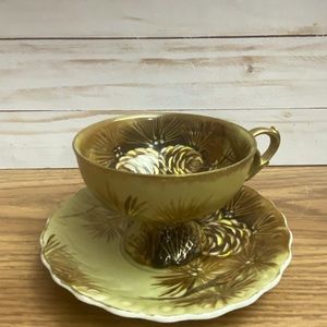 Vintage EW Princess China Hand Painted Pine Cones Ceramic Tea Cup And Saucer